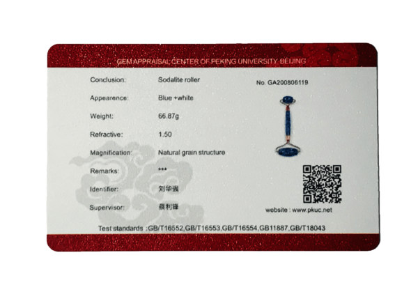 Blue Sodalite Jade Face Roller certificate